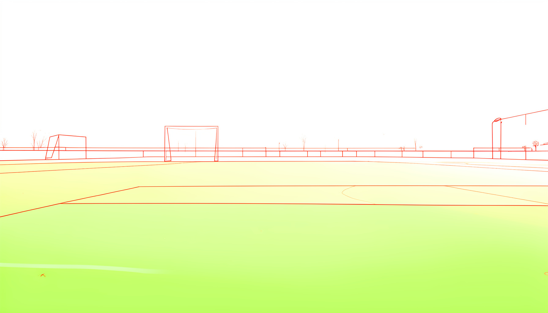 Wide view of a green lacrosse field under bright sunlight, with faint goalposts in the distance and a warm golden haze over the grass