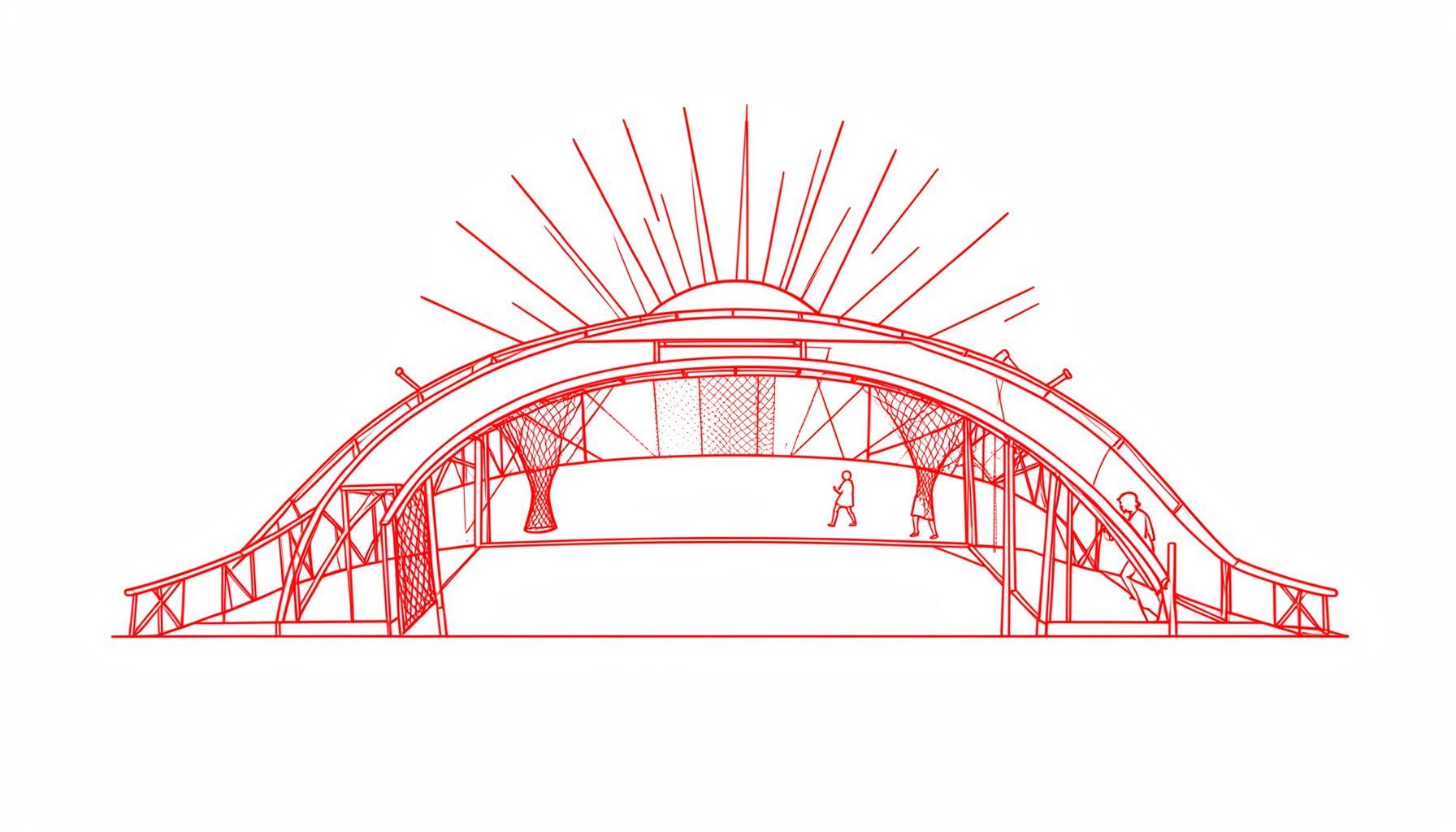 Line drawing of a stadium arch with lacrosse goal silhouettes and a rising sun motif behind it