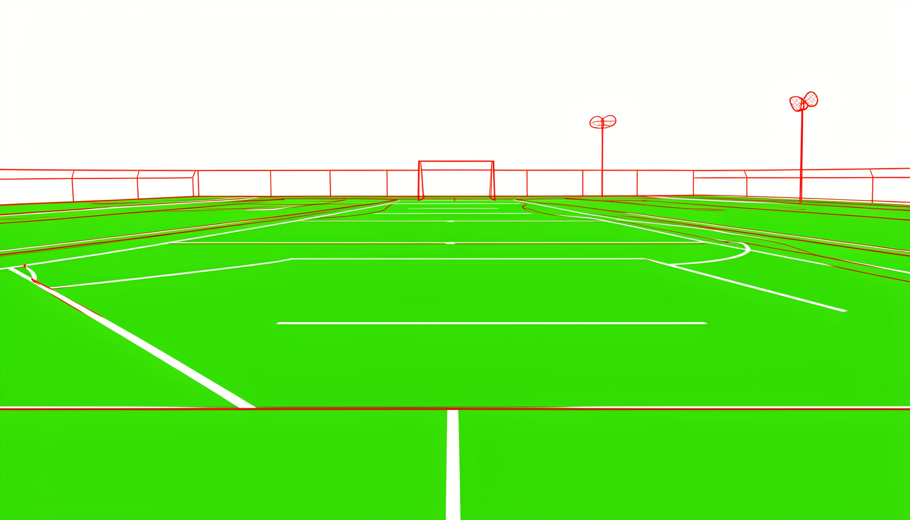 A wide view of a green lacrosse field with white boundary lines under bright daylight, goal visible in the distance