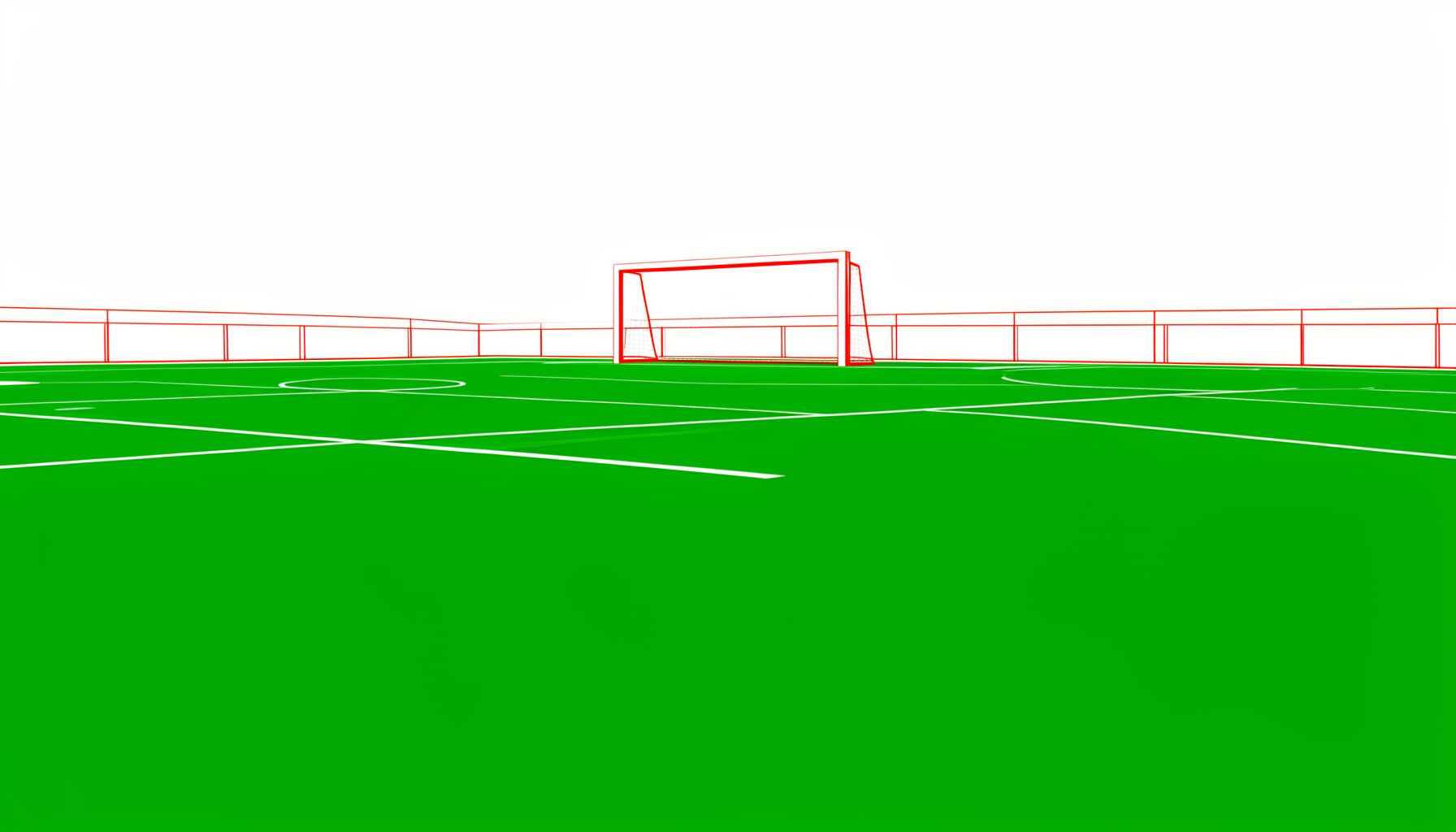 A wide green lacrosse field with crisp white boundary lines under bright afternoon sunlight, goal visible in the distance