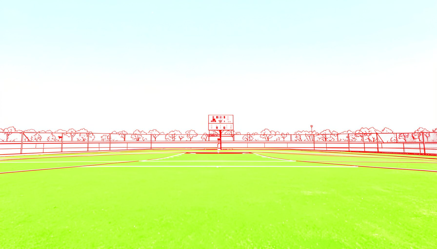 A wide view of a lacrosse field under bright afternoon sunlight, with green turf stretching across the frame and a faint scoreboard in the distance
