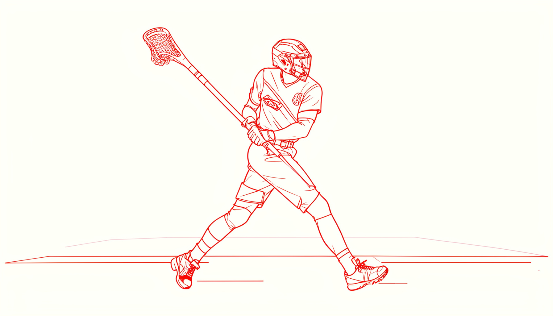 Minimal line drawing of a lacrosse player in motion, cradling a stick, set against a cream background with subtle field markings